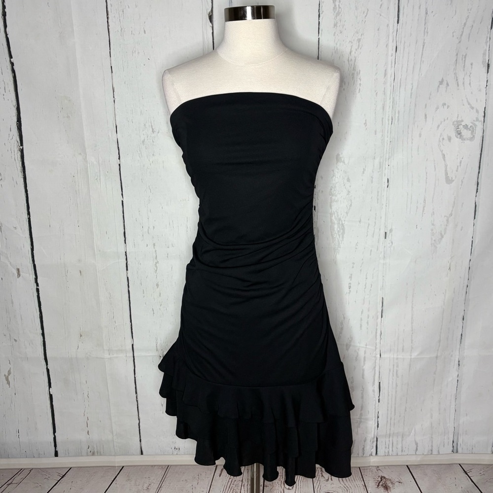 Black Strapless Ruched Bodycon Midi Dress